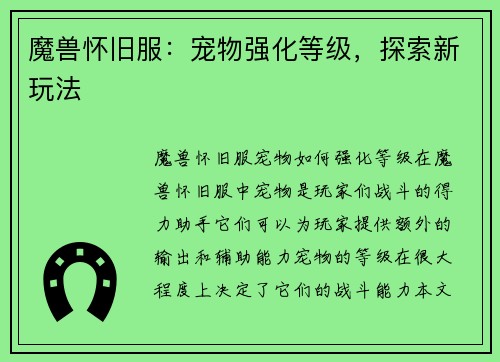 魔兽怀旧服：宠物强化等级，探索新玩法